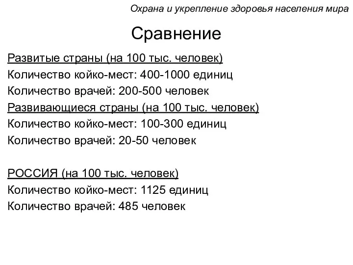 Сравнение Развитые страны (на 100 тыс. человек) Количество койко-мест: 400-1000 единиц