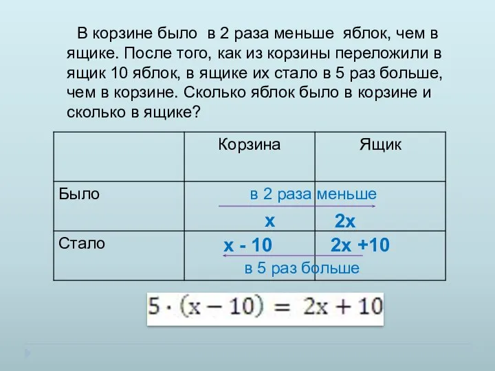 В корзине было в 2 раза меньше яблок, чем в ящике.