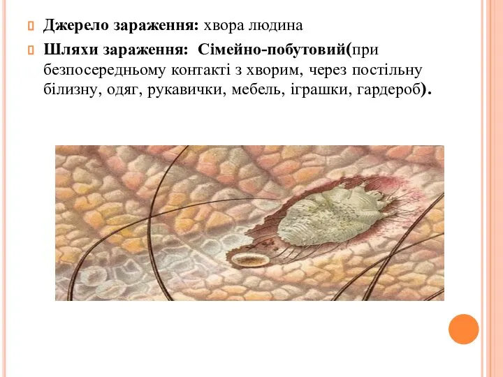 Джерело зараження: хвора людина Шляхи зараження: Сімейно-побутовий(при безпосередньому контакті з хворим,