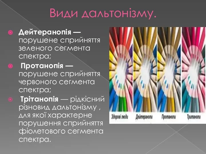 Види дальтонізму. Дейтеранопія — порушене сприйняття зеленого сегмента спектра; Протанопія —