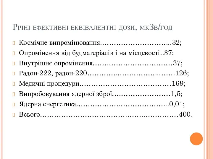 Річні ефективні еквівалентні дози, мкЗв/год Космічне випромінювання.………………………...32; Опромінення від будматеріалів і