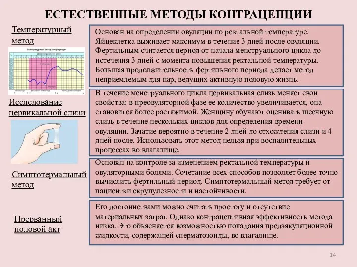 ЕСТЕСТВЕННЫЕ МЕТОДЫ КОНТРАЦЕПЦИИ Температурный метод Исследование цервикальной слизи Симптотермальный метод Прерванный