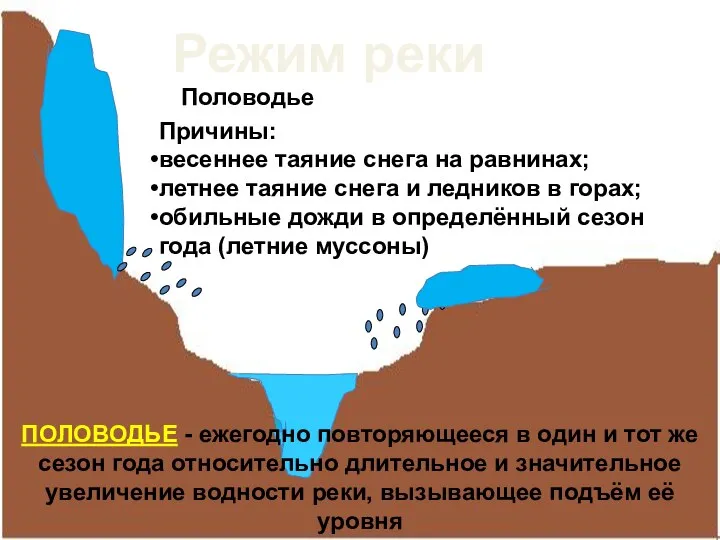 Режим реки Половодье Причины: весеннее таяние снега на равнинах; летнее таяние