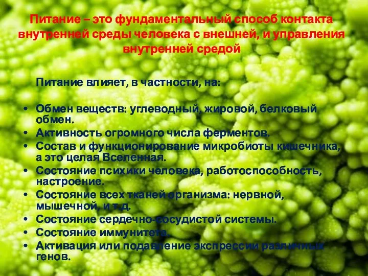 Питание – это фундаментальный способ контакта внутренней среды человека с внешней,