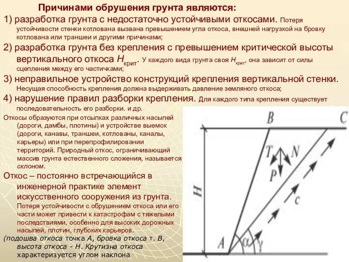 Причинами обрушения грунта являются: 1) разработка грунта с недостаточно устойчивыми откосами.