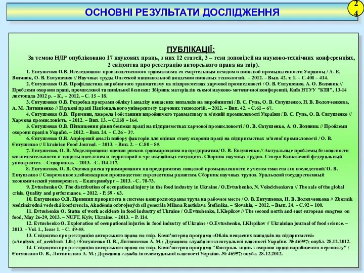 ОСНОВНІ РЕЗУЛЬТАТИ ДОСЛІДЖЕННЯ 24 ПУБЛІКАЦІЇ: За темою НДР опубліковано 17 наукових