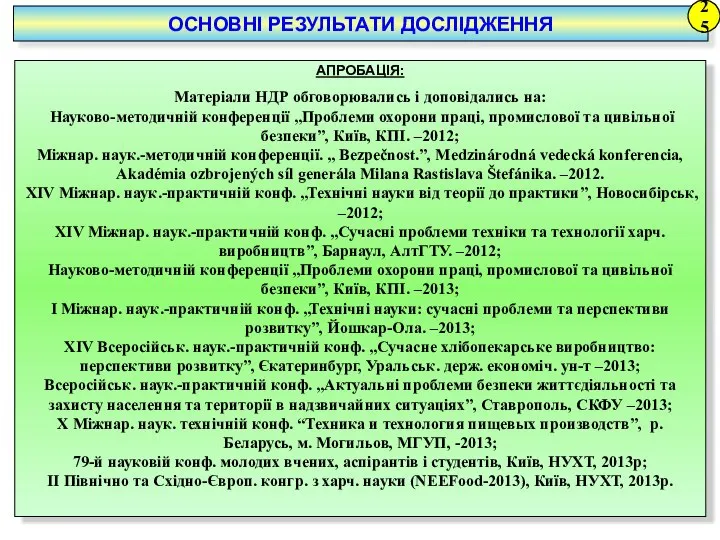 ОСНОВНІ РЕЗУЛЬТАТИ ДОСЛІДЖЕННЯ 25 АПРОБАЦІЯ: Матеріали НДР обговорювались і доповідались на: