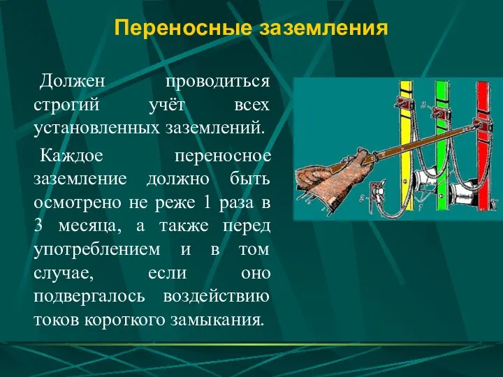 Переносные заземления Должен проводиться строгий учёт всех установленных заземлений. Каждое переносное