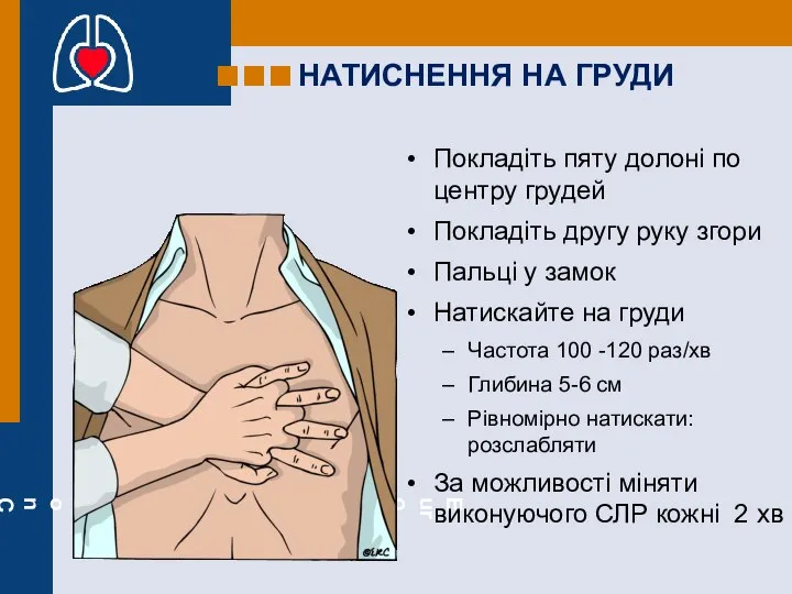 Покладіть пяту долоні по центру грудей Покладіть другу руку згори Пальці