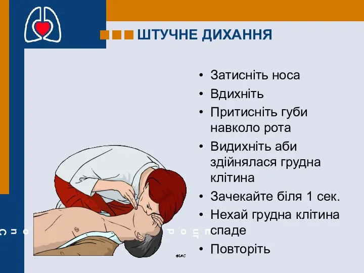 ШТУЧНЕ ДИХАННЯ Затисніть носа Вдихніть Притисніть губи навколо рота Видихніть аби