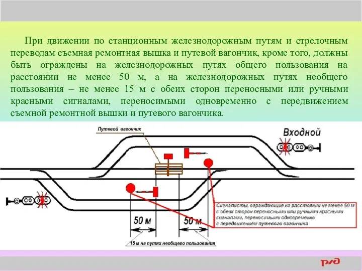 При движении по станционным железнодорожным путям и стрелочным переводам съемная ремонтная