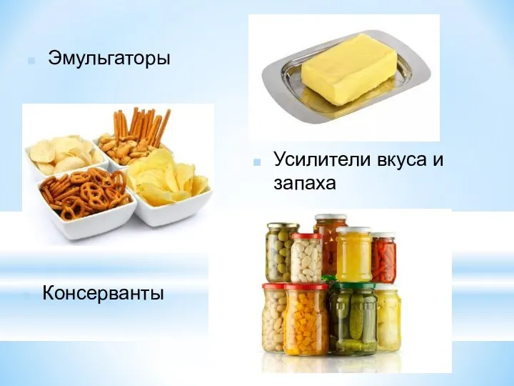 Усилители вкуса и запаха Консерванты Эмульгаторы