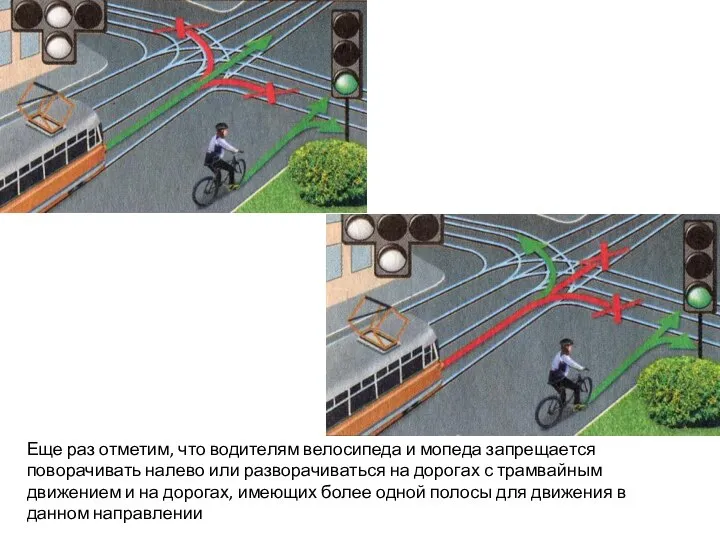 Еще раз отметим, что водителям велосипеда и мопеда запрещается поворачивать на­лево