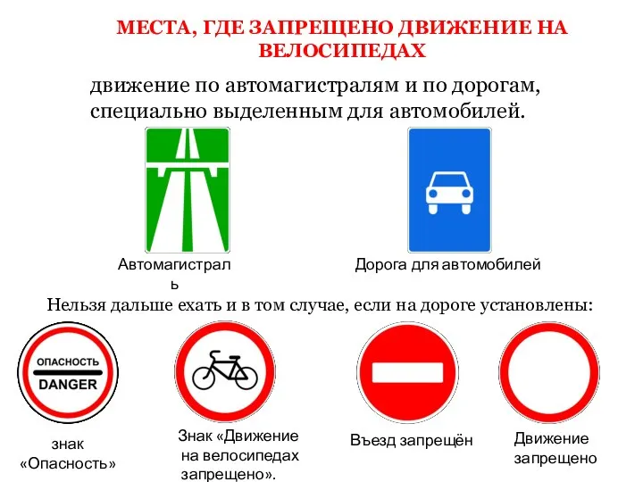 МЕСТА, ГДЕ ЗАПРЕЩЕНО ДВИЖЕНИЕ НА ВЕЛОСИПЕДАХ движение по автомагистралям и по