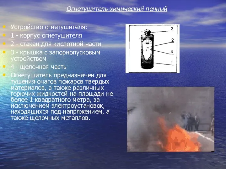 Огнетушитель химический пенный Устройство огнетушителя: 1 - корпус огнетушителя 2 -