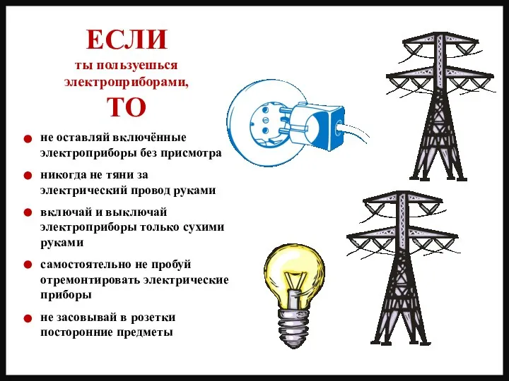 не оставляй включённые электроприборы без присмотра никогда не тяни за электрический