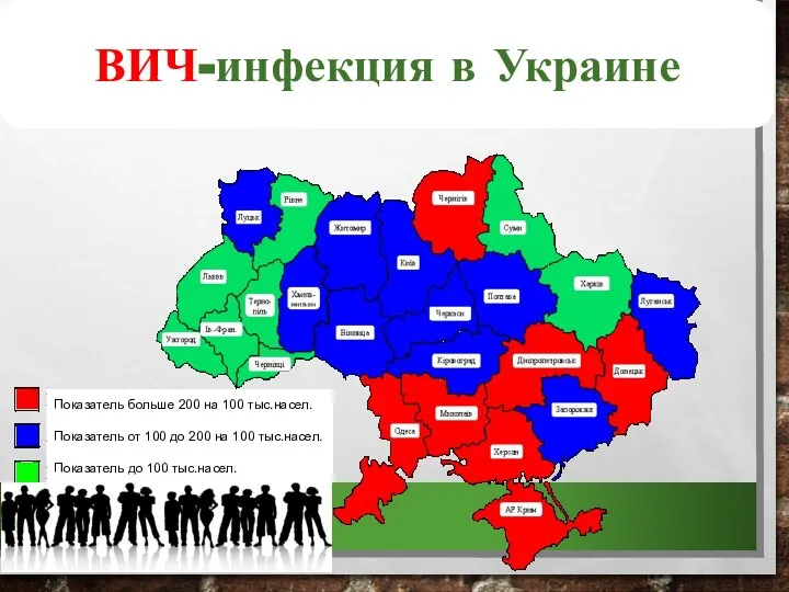 ВИЧ-инфекция в Украине Показатель больше 200 на 100 тыс.насел. Показатель от