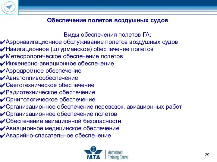 Виды обеспечения полетов ГА: Аэронавигационное обслуживание полетов воздушных судов Навигационное (штурманское)