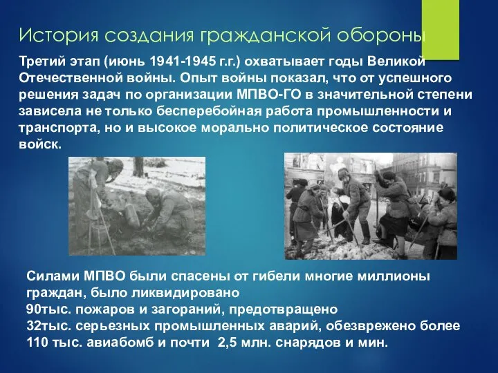 История создания гражданской обороны Третий этап (июнь 1941-1945 г.г.) охватывает годы