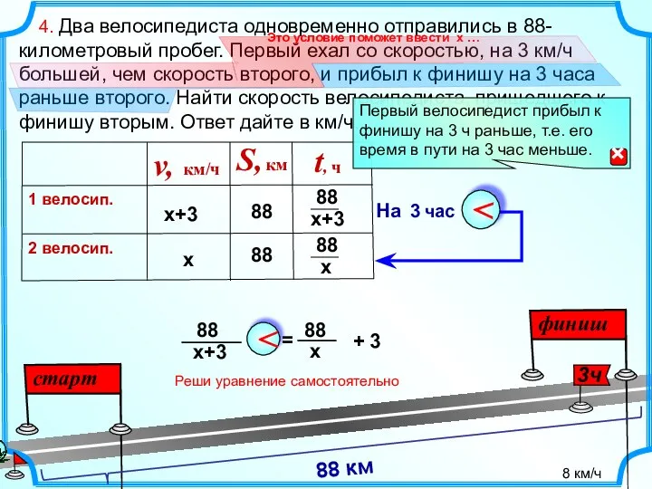 4. Два велосипедиста одновременно отправились в 88-километровый пробег. Первый ехал со