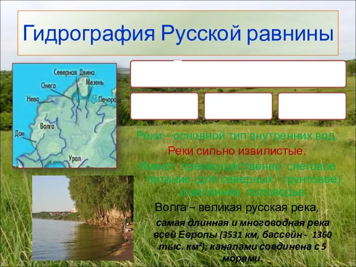 Гидрография Русской равнины Реки – основной тип внутренних вод. Реки сильно