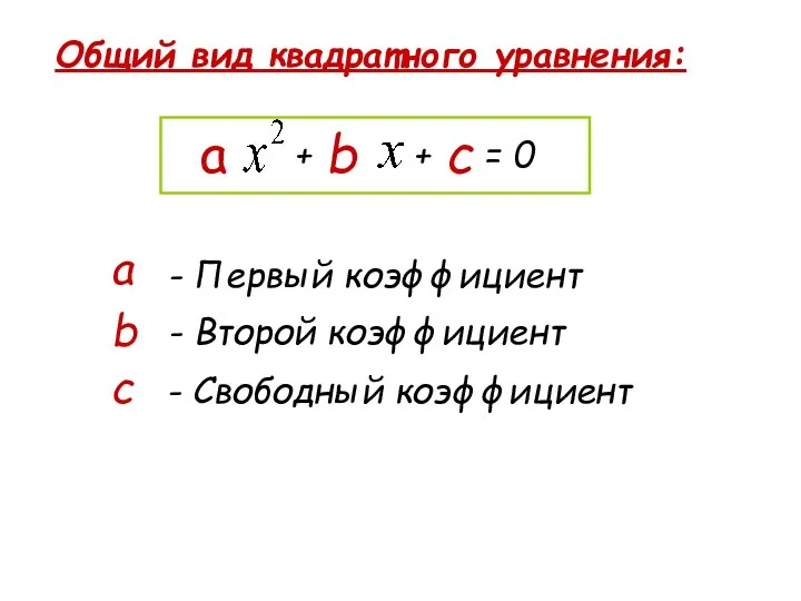 Общий вид квадратного уравнения: а - Первый коэффициент b - Второй