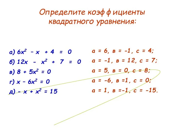 а) 6х2 – х + 4 = 0 б) 12х -