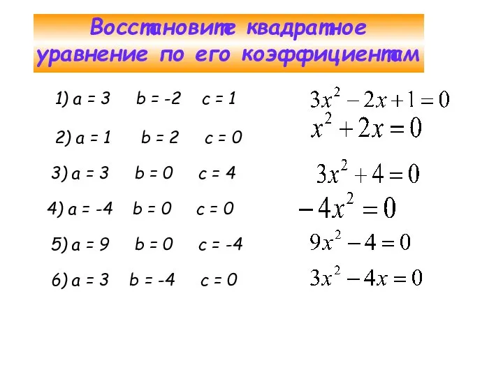 Восстановите квадратное уравнение по его коэффициентам 1) а = 3 b