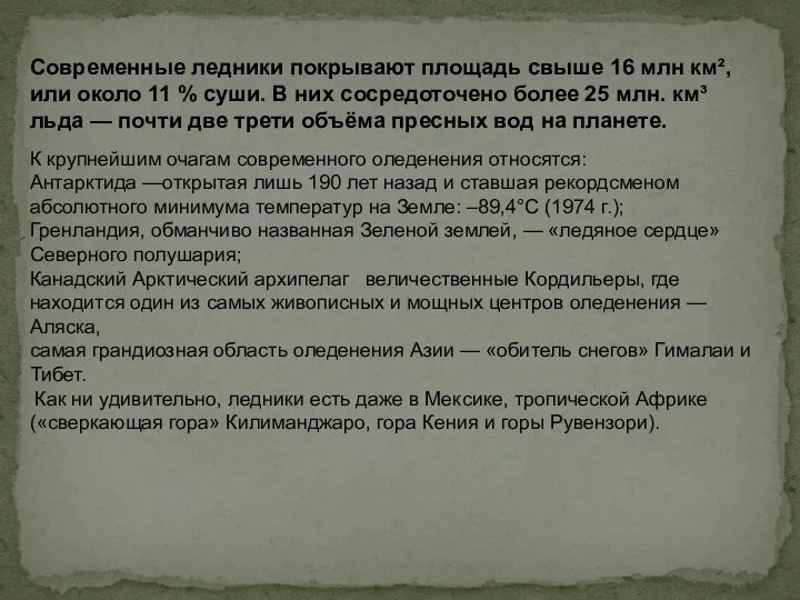 Современные ледники покрывают площадь свыше 16 млн км², или около 11