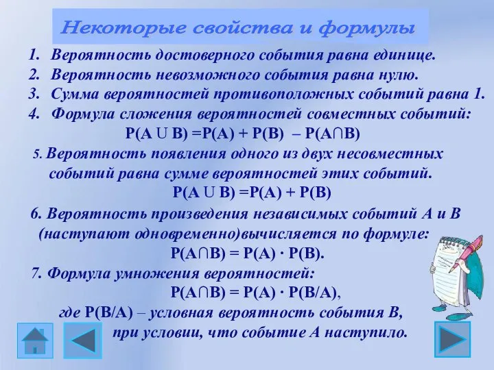 Некоторые свойства и формулы Вероятность достоверного события равна единице. Вероятность невозможного