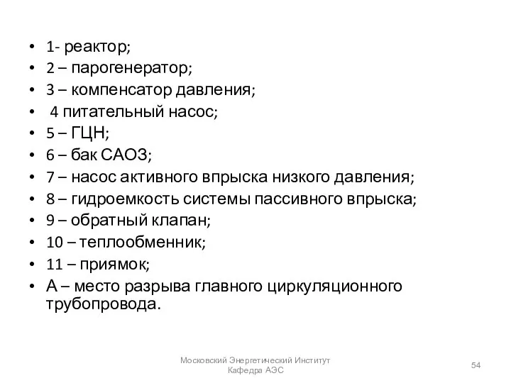 1- реактор; 2 – парогенератор; 3 – компенсатор давления; 4 питательный