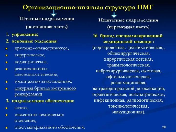 Организационно-штатная структура ПМГ Штатные подразделения (постоянная часть) 1. управление; 2. основные