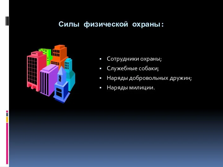 Силы физической охраны: Сотрудники охраны; Служебные собаки; Наряды добровольных дружин; Наряды милиции.