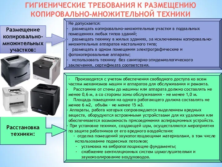 ГИГИЕНИЧЕСКИЕ ТРЕБОВАНИЯ К РАЗМЕЩЕНИЮ КОПИРОВАЛЬНО-МНОЖИТЕЛЬНОЙ ТЕХНИКИ Не допускается: размещать копировально-множительные участки