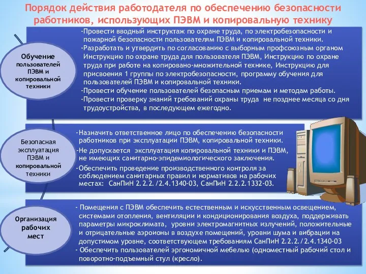 Назначить ответственное лицо по обеспечению безопасности работников при эксплуатации ПЭВМ, копировальной