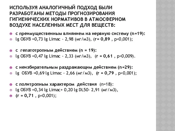 ИСПОЛЬЗУЯ АНАЛОГИЧНЫЙ ПОДХОД БЫЛИ РАЗРАБОТАНЫ МЕТОДЫ ПРОГНОЗИРОВАНИЯ ГИГИЕНИЧЕСКИХ НОРМАТИВОВ В АТМОСФЕРНОМ