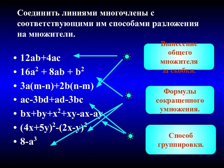 Соединить линиями многочлены с соответствующими им способами разложения на множители. 12ab+4ac