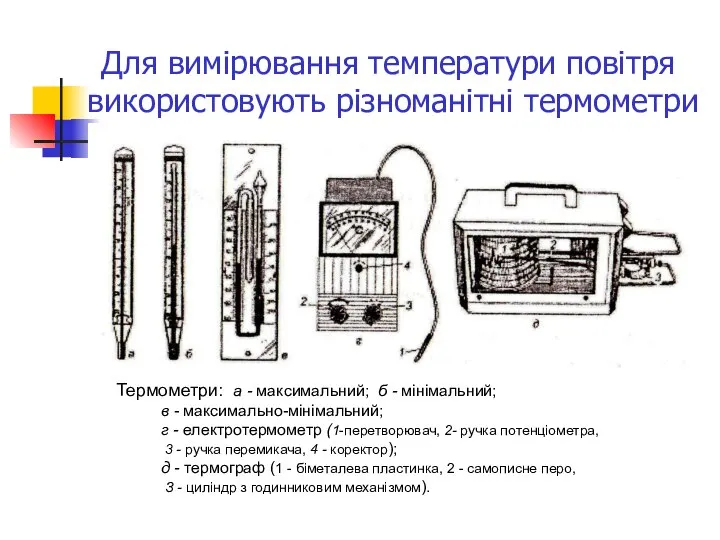 Для вимірювання температури повітря використовують різноманітні термометри Термометри: а - максимальний;