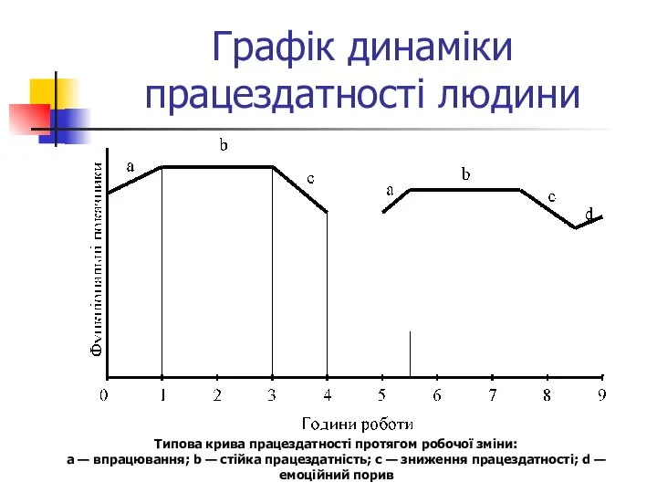 Графік динаміки працездатності людини Типова крива працездатності протягом робочої зміни: а