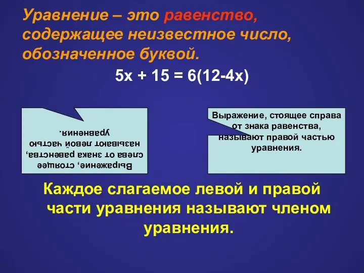 Уравнение – это равенство, содержащее неизвестное число, обозначенное буквой. 5х +