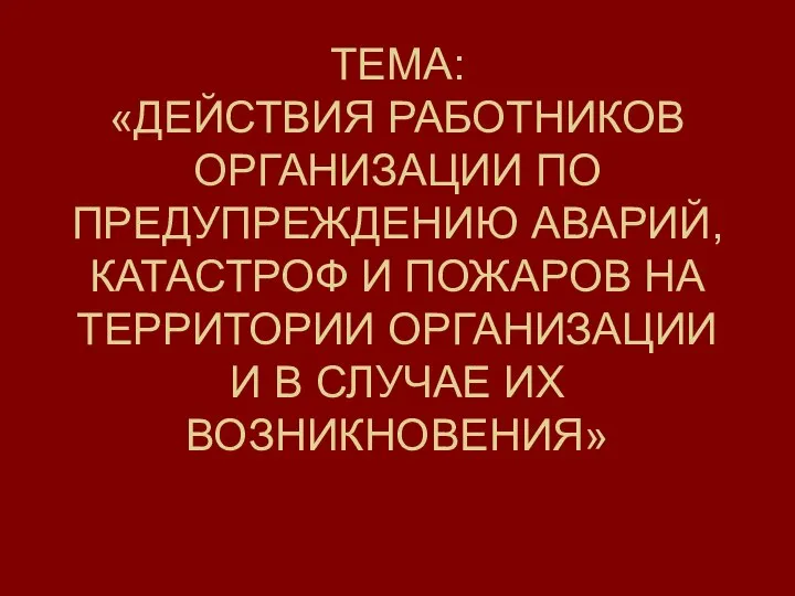 ТЕМА: «ДЕЙСТВИЯ РАБОТНИКОВ ОРГАНИЗАЦИИ ПО ПРЕДУПРЕЖДЕНИЮ АВАРИЙ, КАТАСТРОФ И ПОЖАРОВ НА