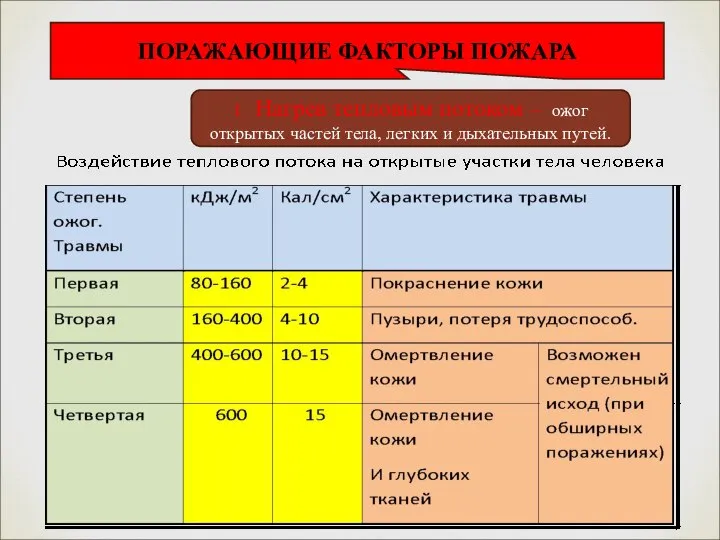 1. Нагрев тепловым потоком – ожог открытых частей тела, легких и дыхательных путей. ПОРАЖАЮЩИЕ ФАКТОРЫ ПОЖАРА