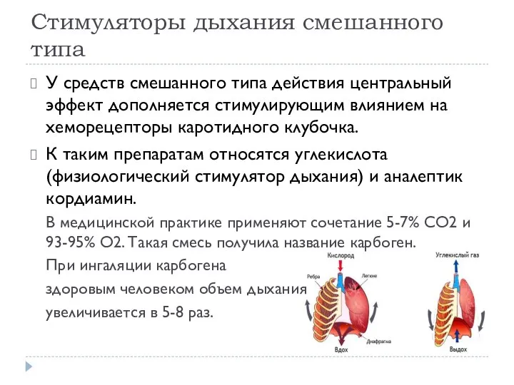 Стимуляторы дыхания смешанного типа У средств смешанного типа действия центральный эффект