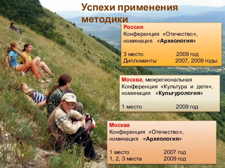 Успехи применения методики Москва Конференция «Отечество», номинация «Археология» 1 место 2007