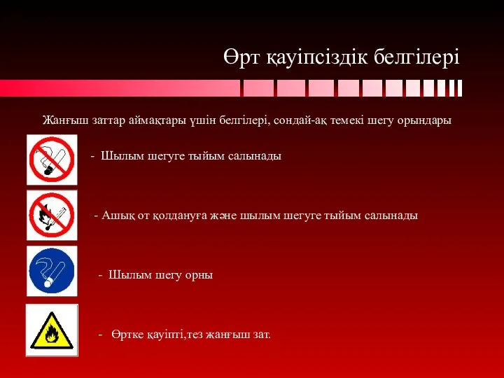 Өрт қауіпсіздік белгілері Жанғыш заттар аймақтары үшін белгілері, сондай-ақ темекі шегу