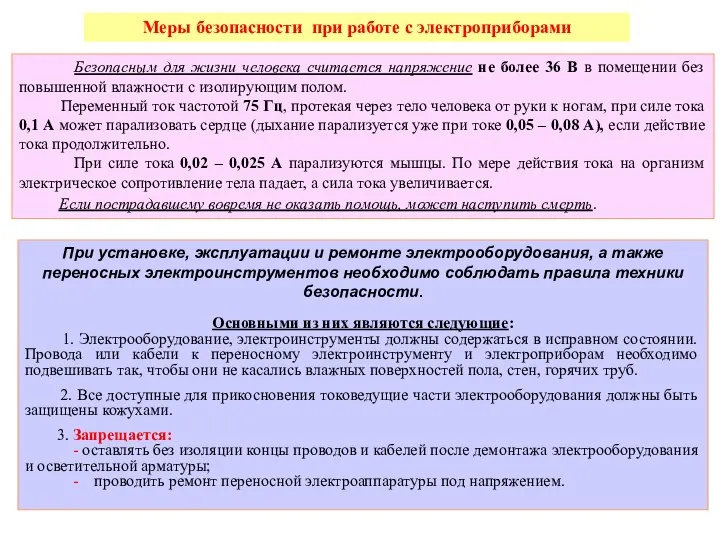 Меры безопасности при работе с электроприборами Безопасным для жизни человека считается