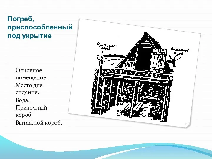 Погреб, приспособленный под укрытие Основное помещение. Место для сидения. Вода. Приточный короб. Вытяжной короб.