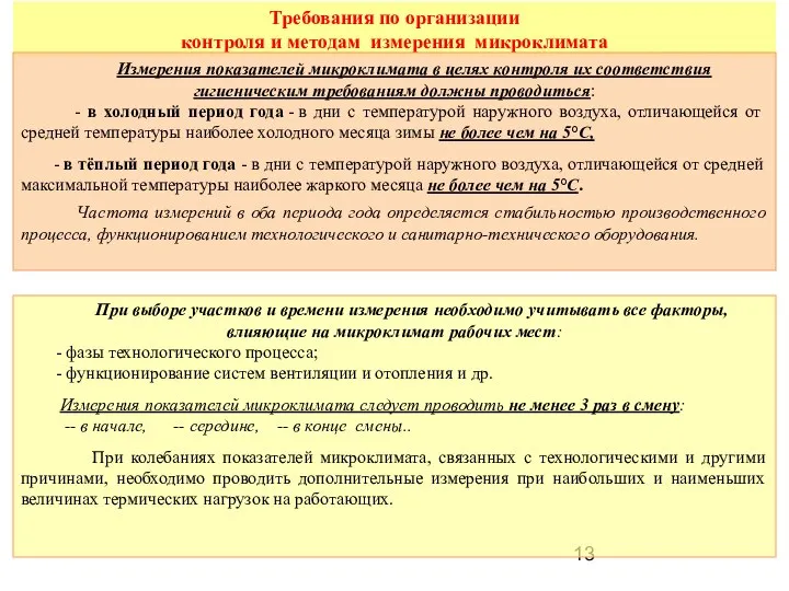 Требования по организации контроля и методам измерения микроклимата Измерения показателей микроклимата