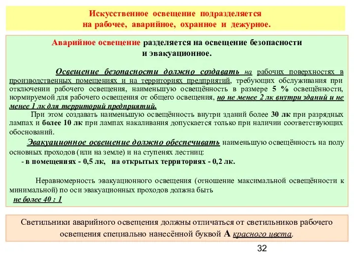 Искусственное освещение подразделяется на рабочее, аварийное, охранное и дежурное. Аварийное освещение