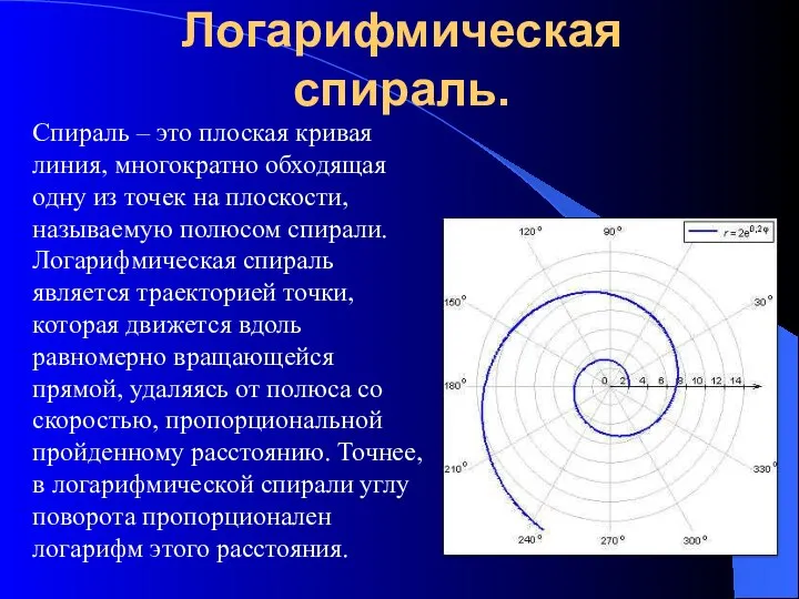 Логарифмическая спираль. Спираль – это плоская кривая линия, многократно обходящая одну